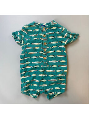 Baby Romper 12-18 Months Old Navy Linen Teal Fish Print Whimsical Summer Preppy